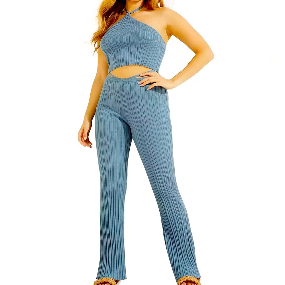 Guess CYCLONE BLUE Women's Carmella Ribbed Halter Top and matching pants set.